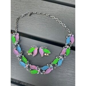 Vintage Mid Century Thermoset Leaf Necklace and Clip On Earrings Set Pastel AB